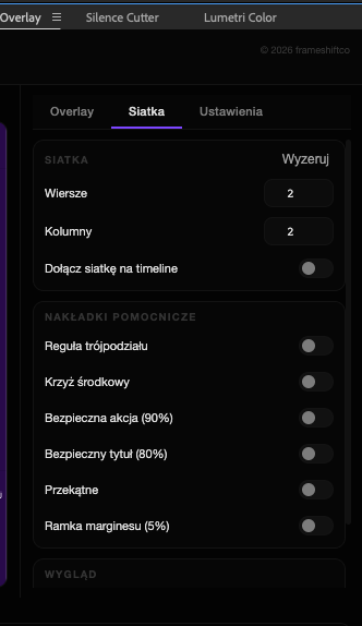 Panel FRAMESHIFT Overlay — zakładka Siatka
