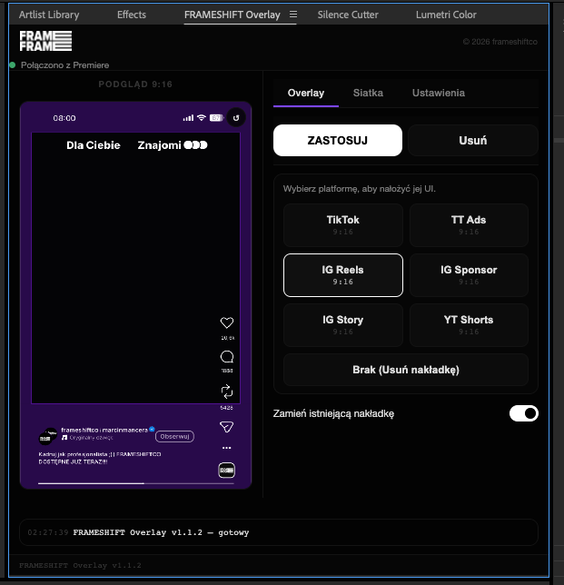 Panel FRAMESHIFT Overlay — zakładka Overlay